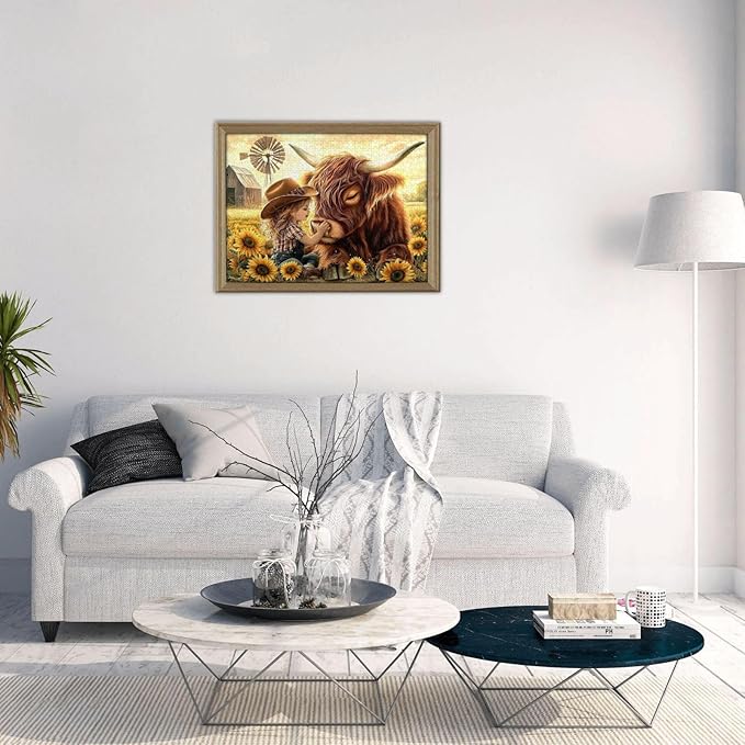 Cute Girl Highland Cattle Jigsaw Puzzle 500 Piece, Sunflower Jigsaw Puzzles,Flowers Puzzle Nature Animal Flower Painting Jigsaw Puzzles 500 Piece,Birthday Gifts for Adults and Family Game