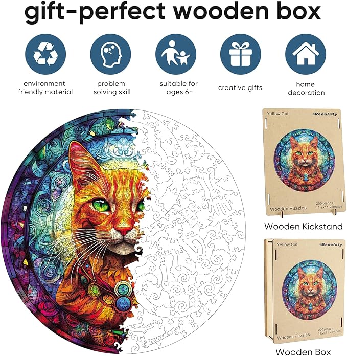 Wooden Puzzles for Adults, Yellow Cat Jigsaw Puzzles 200 Pieces, Unique Shaped Animal Wood Adult Puzzle, Best Gifts for Adults Family Games (11.2 * 11.2 inches)