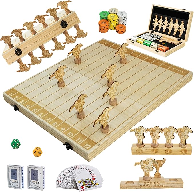 Horse Race Board Game, Magnetic Horse Racing Game with 100 Chips, 12 Magnet Wooden Horses, 2 D12 & 2 Cards, Thickened Solid Wood Horse Game Set Luxury Board Games for Family Nights Party Gifts