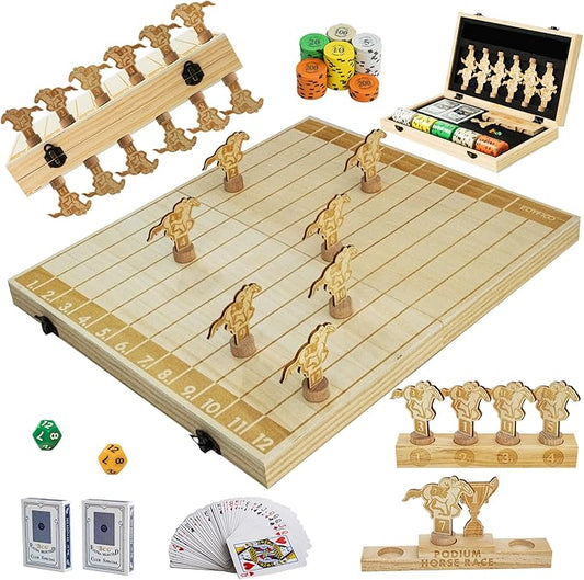Horse Race Board Game, Magnetic Horse Racing Game with 100 Chips, 12 Magnet Wooden Horses, 2 D12 & 2 Cards, Thickened Solid Wood Horse Game Set Luxury Board Games for Family Nights Party Gifts