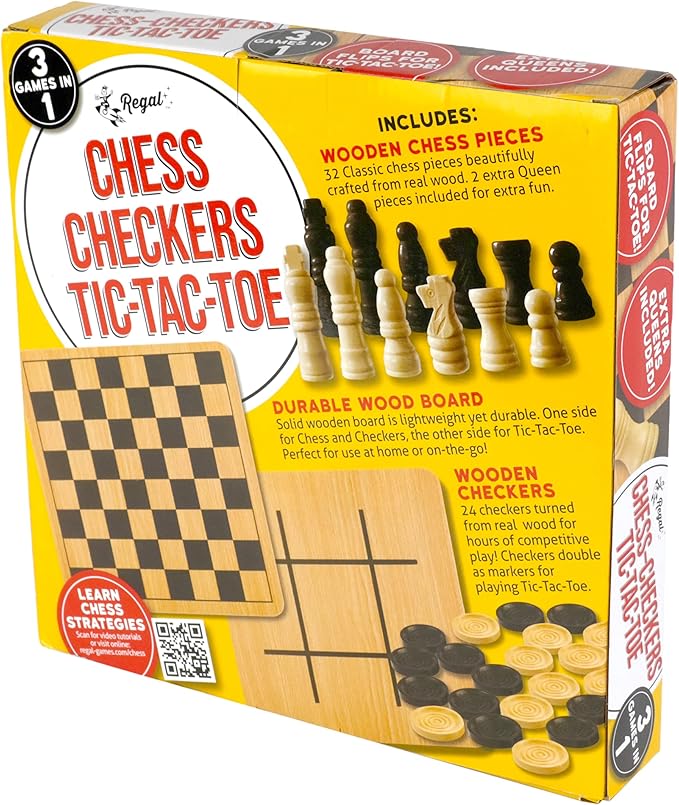 Regal Games - Reversible Wooden Board for Chess, Checkers & Tic-Tac-Toe - 24 Interlocking Wooden Checkers and 32 Standard Chess Pieces - for Age 8 to Adult for Family Fun