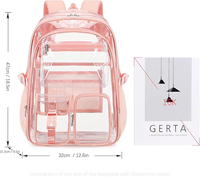 abshoo Large Clear Backpack For Girls Women School Bookbag Heavy Duty Transparent Backpacks (Baby Pink)