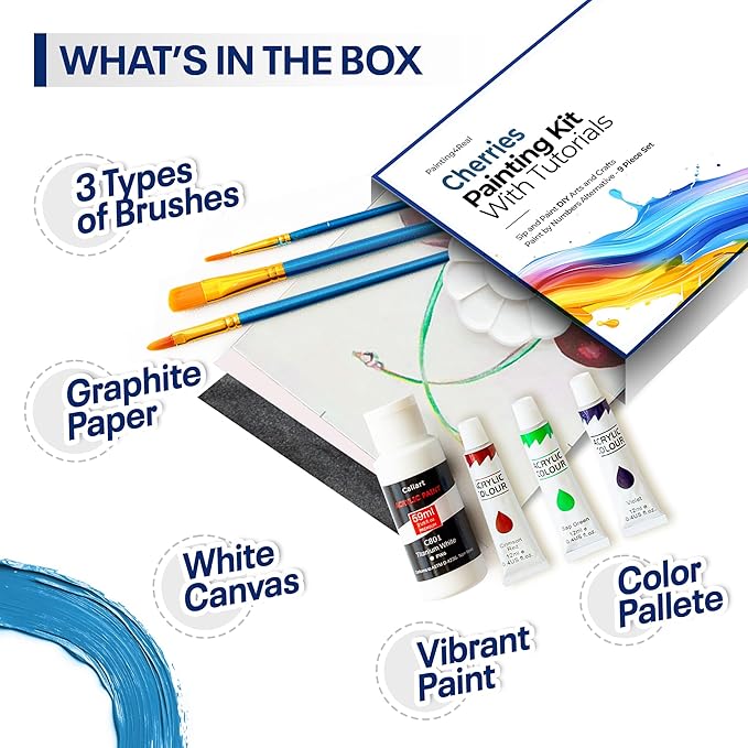 Painting4Real DIY Painting Class Kit for Adults with Video Tutorials: Learn to Paint Cherries – How to Paint with Acrylics – Painting & Art Supplies – 9 Piece Acrylic Paint Set