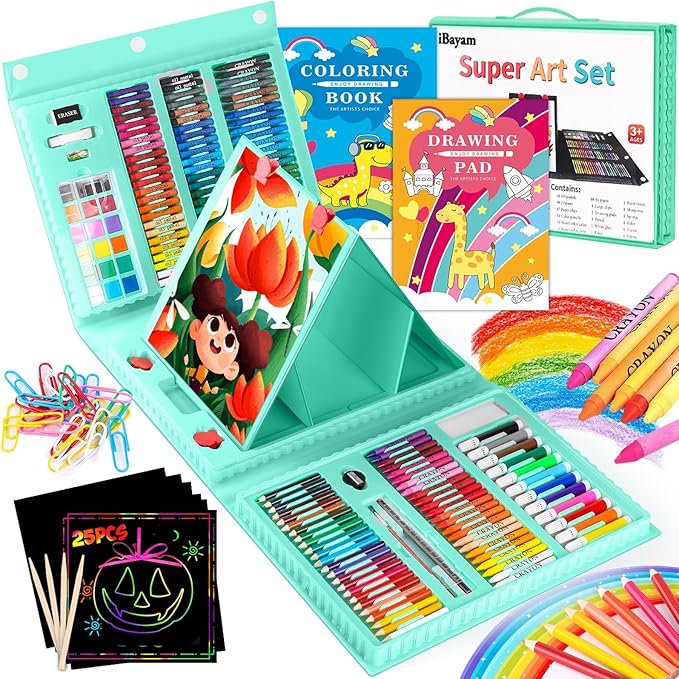 iBayam Back to School Supplies for Kids Teen Girls Boys, Art Set Case with Trifold Easel, Scratch Paper, Sketch Pad, Coloring Book, Crayons, Pencils, Oil Pastels, Watercolors, Sharpener