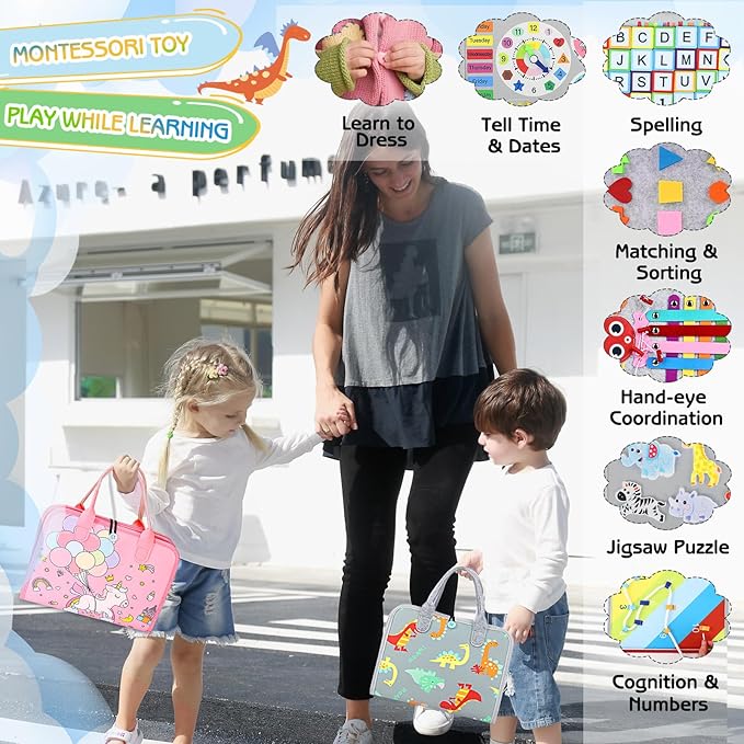Esjay Toddler Busy Board Montessori Toys for Boys Girls, Sensory Board Educational Activities for Learning Fine Motor Skills, Birthday Gifts for Toddlers, Travel Toys for Airplane Car,Grey Dinosaur