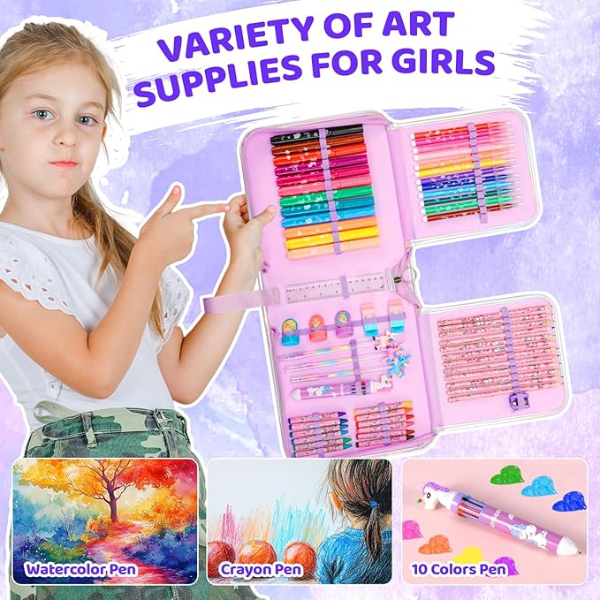 Nicpro 110PCS Unicorn Washable Markers Set with Glitter Pencil Case, Art Supplies for Kids Ages 4-6-8, Arts Crafts Coloring Set with Stickers, Unicorn Birthday Gifts for Girls 4 5 6 7 8 9 Year Old