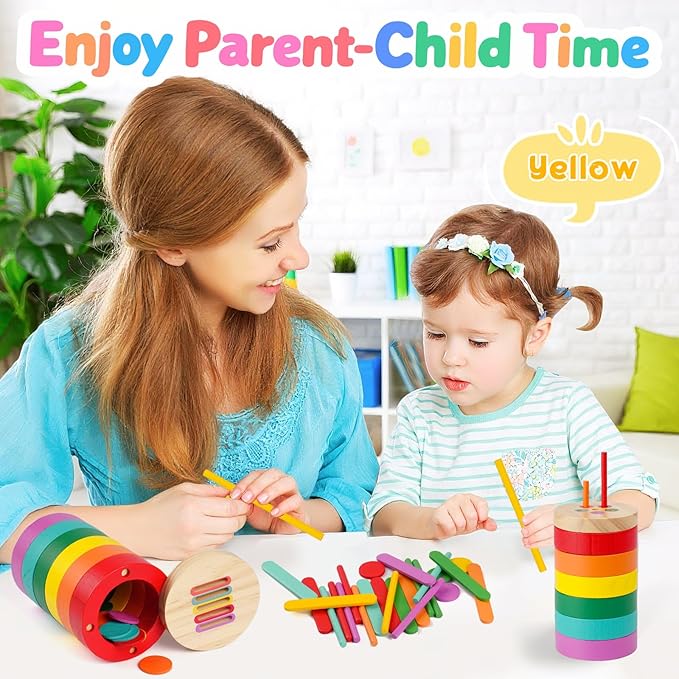 Montessori Toys, 4 in 1 Wooden Color Sorting Toys for Toddlers Sensory Fun Play Preschool Learning Activities Fine Motor Skills Educational Toys for Age 2 3 4 5 Boys Girls Gifts