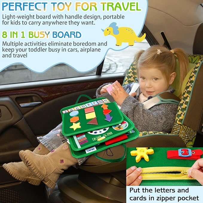 Esjay Toddler Busy Board Montessori Toys for Boys and Girls, Sensory Board Educational Activities for Learning Fine Motor Skills, Birthday Gifts Toddlers, Travel Toys for Airplane Car, Green Dinosaur