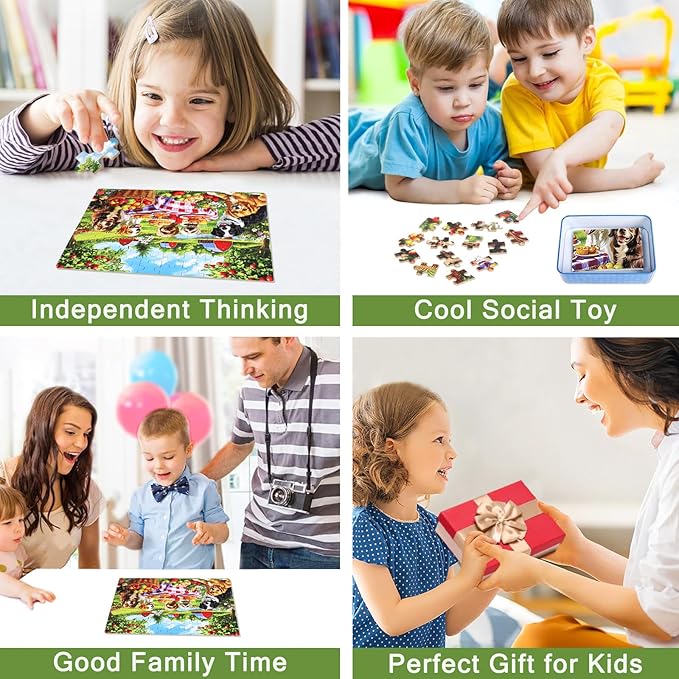 Puppy Dogs Animal Picnic Puzzles for Kids Ages 4-8, 100 Pieces Jigsaw Puzzles for Kids Ages 3-5 Puzzle for Girls and Boys Learning Educational Puzzles Toys in a Metal Box