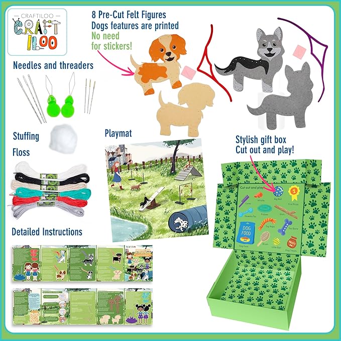 CRAFTILOO 8 Pre-Cut Dogs Stuffed Animal Fun Kids Sewing Kit for Kids Ages 8-12 Children Beginners Sewing kit Kid Puppy Crafts Felt Pillow Plush Craft Kit Girls and Boys