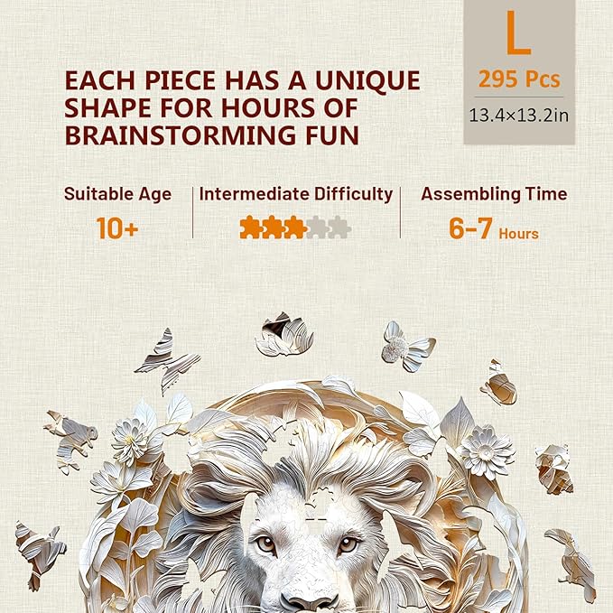 Wooden Puzzles for Adults, 3D Visual Effect Paper Lion Puzzle, Wood Puzzles Adult, Unique Animal Shape, Paper Sculpture Modern Art Puzzle, Gifts for Friend, Canvas Wall Art (L-13.4 * 13.2in-295 pcs)