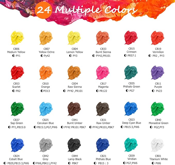 Caliart Acrylic Paint Set with 12 Brushes, 24 Colors (120ml, 4oz) Art Craft Paints for Artists Kids Students Beginners & Painters, Canvas Ceramic Wood Rock Painting Art Supplies Kit