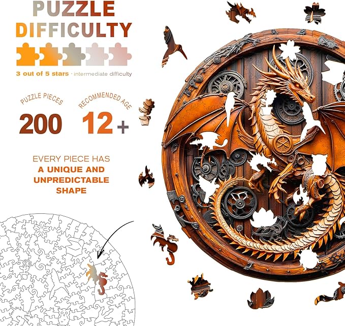 Wooden Puzzles for Adults - Mechanical Dragon Wooden Jigsaw Puzzle - Unique Shape 3D Vision Wood Puzzles Adult - Christmas Birthday Gifts for Adults/Friends/Family - 200pcs 11.4 * 11.3in