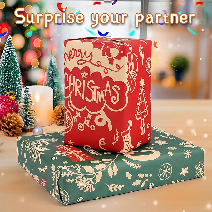 Merry Christmas Wrapping Paper Set, 6 Folded Sheets Green Red Kraft Xmas Wrap, Holiday Deer Trees Santa Snowman Kraft Winter Holiday New Year Gift Wrap for Women, Men, Boys, Girls