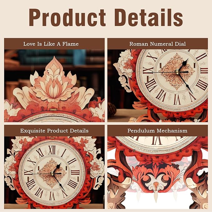 3D Puzzles for Adults Clock-Flame Flower Design Model Kit-Mechanical DIY Pendulum Clock with Roman Numerals-Desk Home Office Decor Personalized Gift for DIY Lovers
