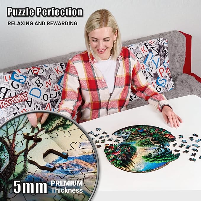 LEOGOR Wooden Jigsaw 350 Piece Puzzles for Adults (15 × 14.6 in), 350 Round Landscape Puzzle, Extra-Thick 5 mm Wood Puzzle Pieces, Unique Mosaic Shapes, Challenging and Beautiful Gift for Adults