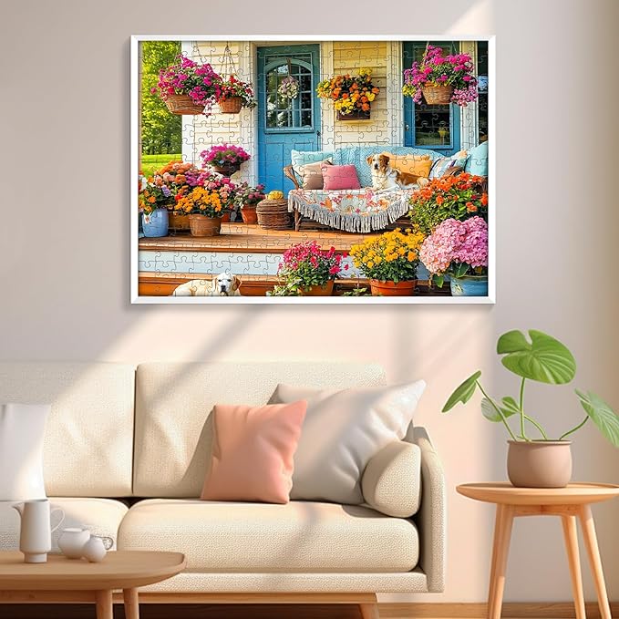 300 Piece Puzzles for Adult, Colorful Flower Jigsaw Puzzle 300 Pieces for Adults Kids Seniors, Beautiful House and Puppy Adults Puzzle for Family and Friends Party Gifts Decor 20.5×15 in