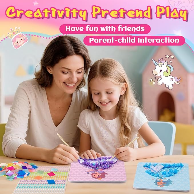 CrispPlay Princess Unicorn Girl Toys, Crafts for Kids Ages 4-8 8-12, 9pcs Poke Art Craft Kits for 4 5 6 7 8 9 Year Old Girls Birthday Christmas Gifts, DIY Kids Creative Activity, Mess Free