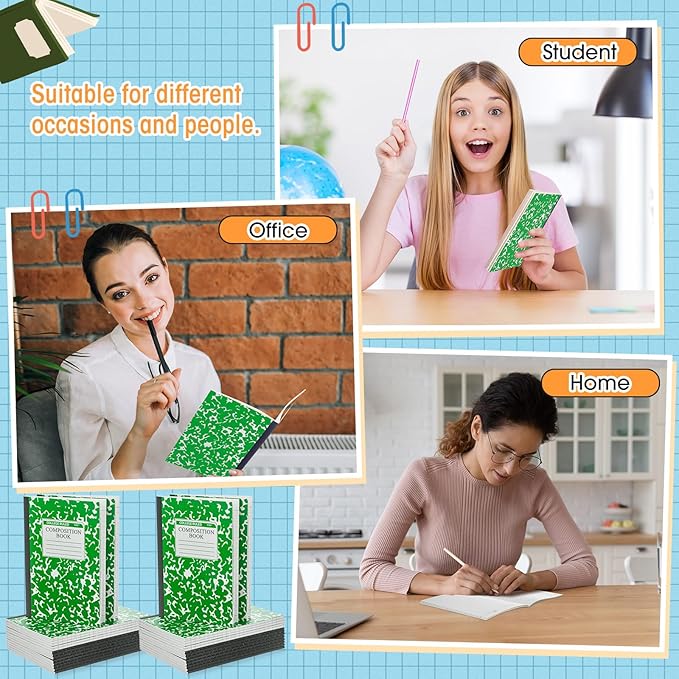 Fainne 100 Pack A5 Composition Notebooks Bulk College Ruled Composition Notebooks Marble Covers Notebook for Student Classroom Office Supplies 30 Sheet/60 Page(Green)