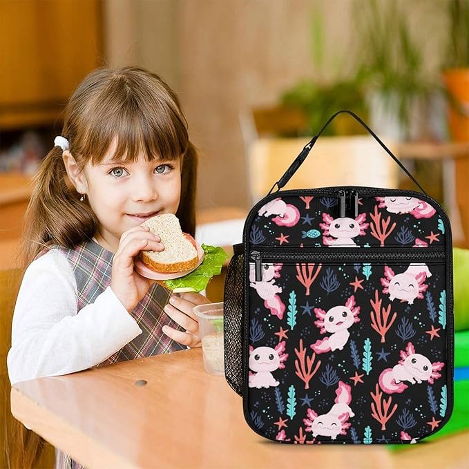 Axolotl Lunch Box - Cute Reusable Axolotl Lunch Bag for Women Men Kids - Small Portable Foldable Insulated Lunchbox for School Work Picnic