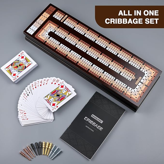 VAMSLOVE Upgraded Wooden 4-Track Cribbage Board Game Magnetic Scoreboard with Large Slots for Storing 2 Playing Cards and 12 Metal Pegs, Travel Family Game Night (Instruction Included)