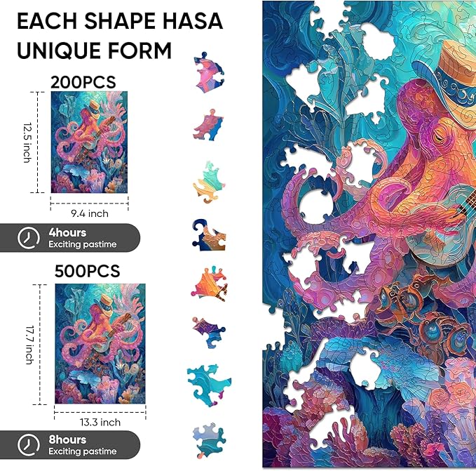 Wooden Puzzles for Adults, Octopus Guitar Jigsaw Puzzles, 200 Pieces Unique Design Adult Puzzles, Family Brain Game Gift, 9.4x12.5 inch