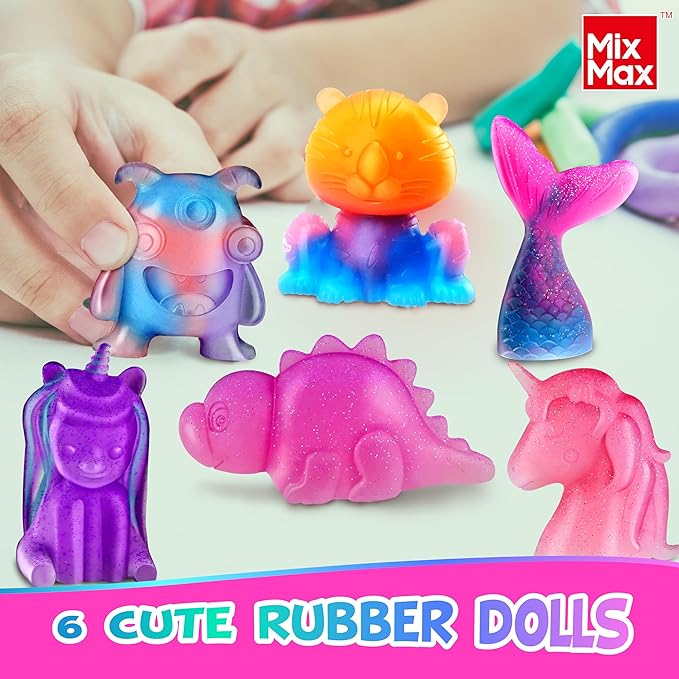 MixMax Make Your Own Squishies Toys, 6 Packs Rubber Dolls Making Kit for Kids Glow Jumbo Glitter Silicone Squishy Craft Kit for Girls 6-12 Nice Boy Party Activities