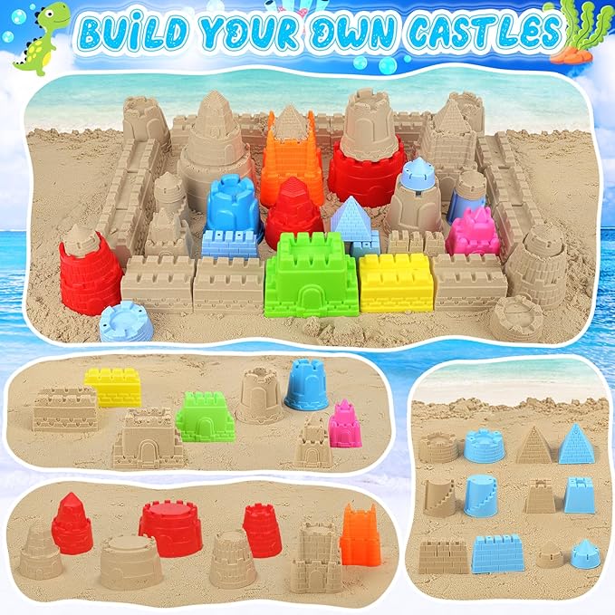 Collapsible Beach Toys Set for Kids Toddlers, Travel Sand Castle Toys for Beach with Mesh Bag & Sand Molds, Collapsible Sand Bucket and Shovel Set for Kids, Sandbox Toys for Toddlers Kids Age 3-12