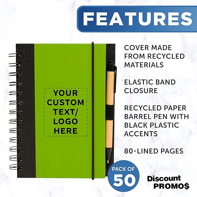 DISCOUNT PROMOS Custom Eco Block Notebooks with Pens Set of 50, Personalized Bulk Pack - Perfect for School, Office, Business, Home - Lime Green