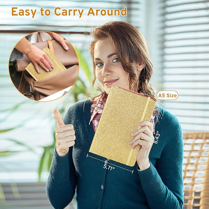 Gold Glitter Notebook, 8.4"x 5.7", 200 Lined Pages, No-Shed Sparkle Journal for Girls & Women, A5 Hardcover Diary for Writing, Birthday Gift for Teen Kids, Trendy Stuff for 8 9 10 11 12 Year Old