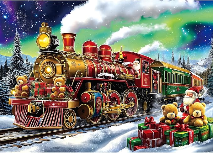 Blueforest Christmas Train Puzzles for Adults 1000 Pieces - 27.5x19.7 Inches Holiday Train Scene with Aurora & Santa Jigsaw Puzzle, Challenging Art Puzzle Home Decor