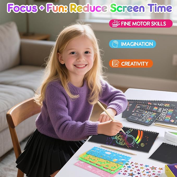6 Packs Rainbow Scratch Notebook, Scratch Art for Kids with Reusable Cleaner Tool, Mess-Free Crafts for Kids Ages 4-8, Travel, Party, Art Supplies, DIY Gifts for 4 5 6 7 8 9 Year Old Girl Boy