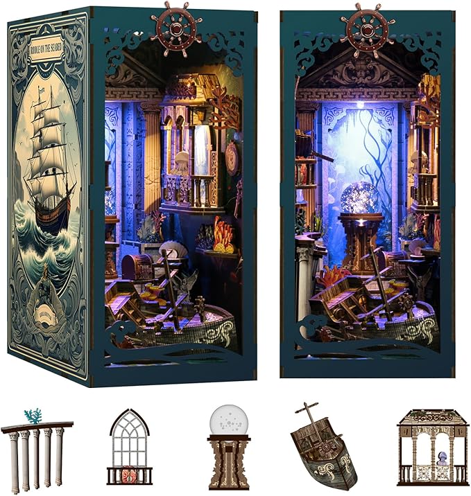 Book Nook Kit - DIY Enchanted Cottage Miniature House for Adults & Teens, 3D Wooden Puzzle Booknook with LED Lights, Bookshelf Insert Decor & Creative Model Building(Riddle On The Sea Floor)