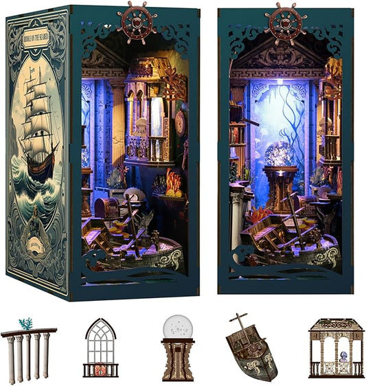 Book Nook Kit - DIY Enchanted Cottage Miniature House for Adults & Teens, 3D Wooden Puzzle Booknook with LED Lights, Bookshelf Insert Decor & Creative Model Building(Riddle On The Sea Floor)