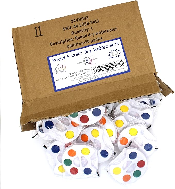 Color Swell Bulk Watercolors Round Paint Pack with Brushes - 25 Sets with 5 Washable Colors Each - Great for Kids, Classrooms, Parties, Students, Donations, Party Favors, All Ages