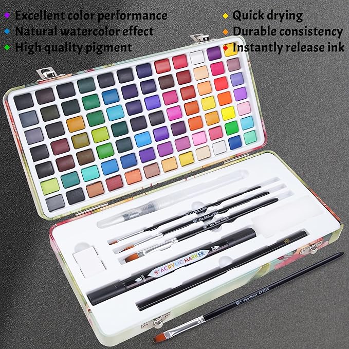 TBC The Best Crafts 84 Colors Watercolor Paint Set For Kids, Students and Artists, Amateur,Beginner.Set includes Coloring Sheets, Black Dual Tip Acrylic Paint Markers, Storage Bag