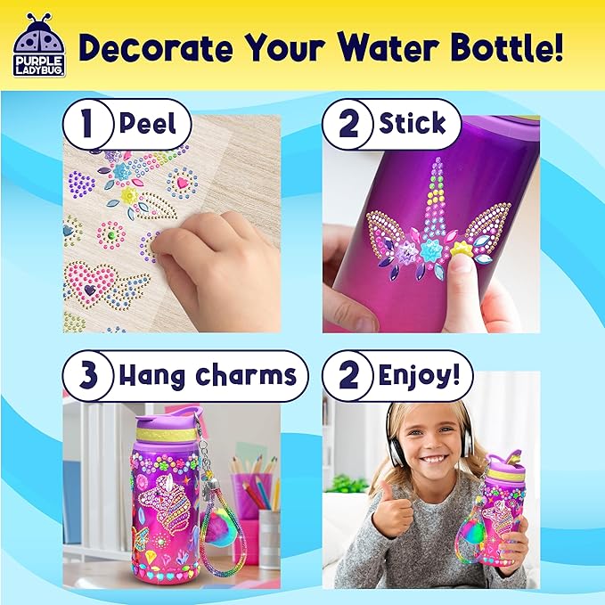 PURPLE LADYBUG Decorate Your Own Water Bottle Kit for Girls - Unicorn Design with Glitter Gem Stickers, Gifts for Girls Ages 5-8-10 Years Old Birthday, Fun Craft for Kids, Christmas Gifts Girl