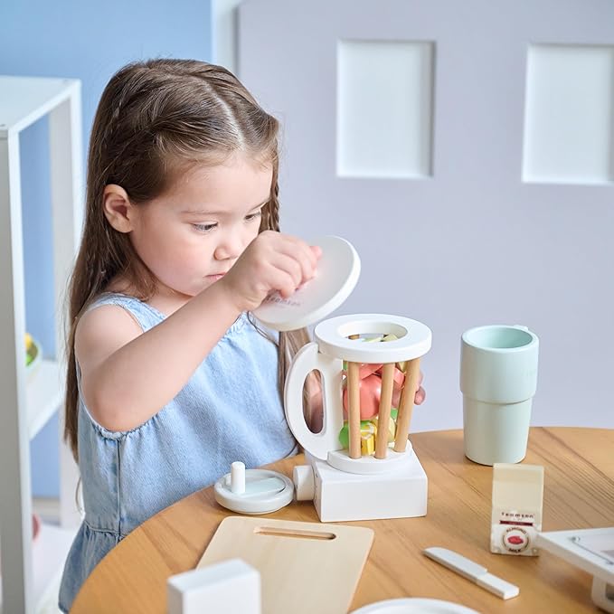 Teamson Kids Little Chef Santa Barbara Wooden Healthy Dessert Set - 27 Pieces Pretend Toy Food Accessories Plus Oven & Blender, Educational Role-Play for Kids Ages 3+, White