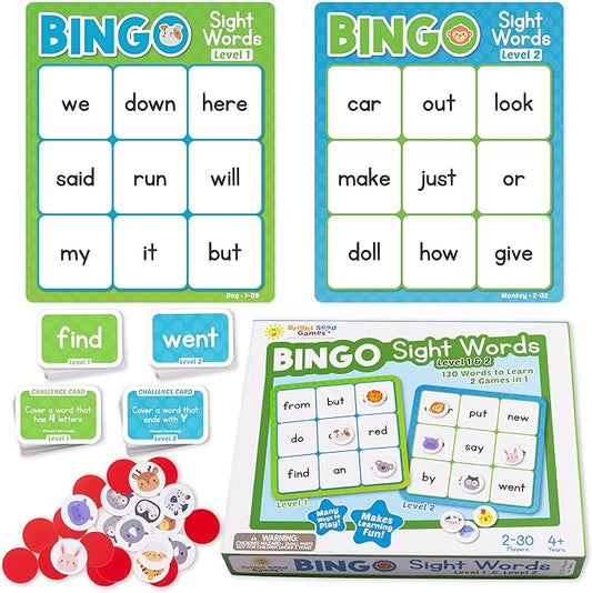 Sight Words Bingo Game for Kindergarten, Learn to Read Sight Word Cards, Word Games for Kids Ages 4-8, Bingo Sight Words Level 1&2