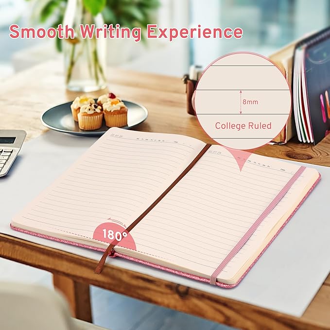 Pink Glitter Notebook, 8.4"x 5.7", 200 Lined Pages, No-Shed Sparkle Journal for Girls & Women, A5 Hardcover Diary for Writing, Birthday Gift for Teen Kids, Trendy Stuff for 6 8 9 10 11 12 Year Old