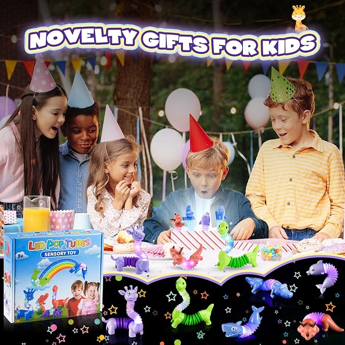 Animals Fidget Toys for Toddlers: 6 Pack LED Animal Pop Tubes for Kids 3 4 5 6 7 8 Year Old Girls Boys Halloween Birthday Gifts Autism Sensory Toy for Kid Age 3-8 Tube Light Up Party Favors