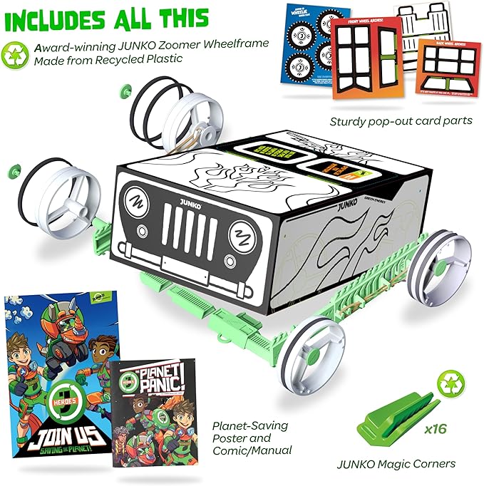 JUNKO DIY Toy Car Kit for Kids – Build, Color & Customize – Pull-Back Car – STEM Craft Project Ages 6–10 – Recycled, Reusable, Fun for Parent & Child