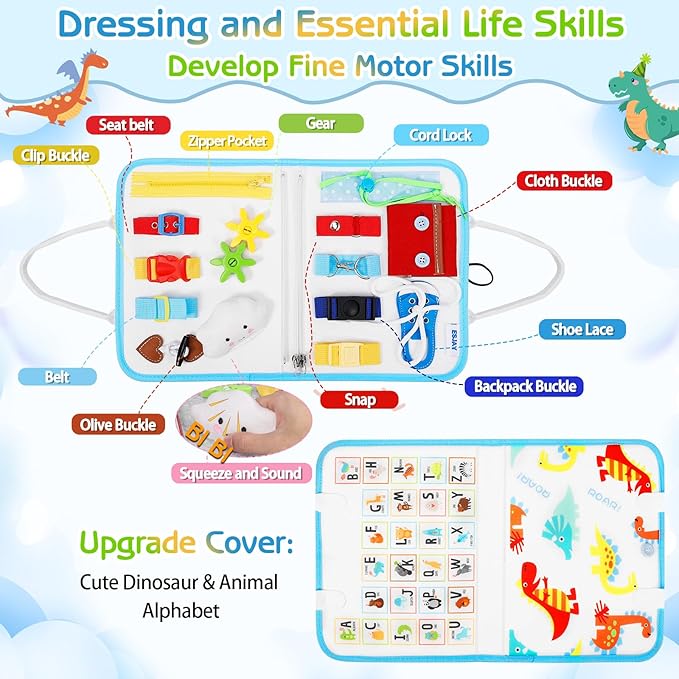 Esjay Toddler Busy Board Montessori Toys for Boys Girls, Sensory Board Educational Activities for Learning Fine Motor Skills, Birthday Gifts for Toddlers, Travel Toys for Airplane Car, White Dinosaur