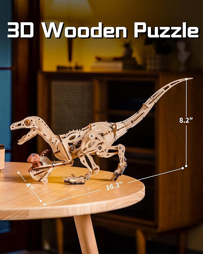 ROBOTIME Dinosaur 3D Wooden Puzzles, Velociraptor Model Kits can Walk, Mechanical Dinosaur STEM Toys, 3-D Puzzles Building Kit Gifts