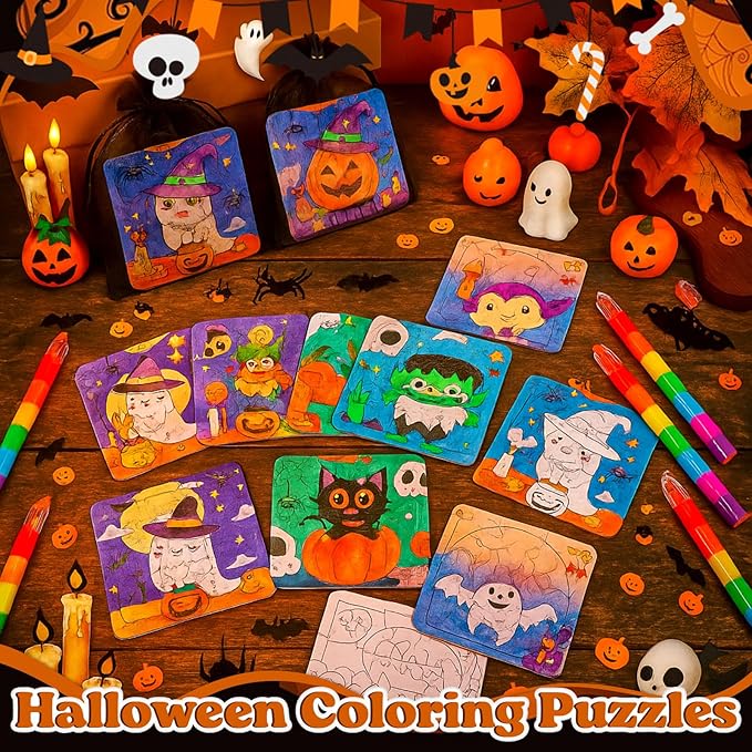 12 Sets Puzzles Color Your Own Puzzles DIY Jigsaw Crafts with 12 Stackable Crayons and 12 Bags for Learning Education Toys Gifts Prizes Birthday Party Supplies (12, Halloween)