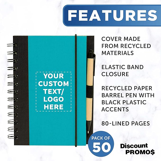 DISCOUNT PROMOS Custom Eco-Friendly Spiral Notebooks with Pens – Set of 50, Perfect for Mother’s Day Gift – Bulk Pack for School, Office, or Home – Black