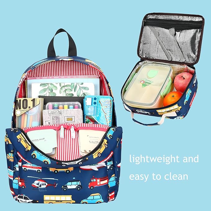 Kids School Backpack with Lunch Box for Boy Kindergarten BookBag School Bag Preschool Kindergarten Toddler Backpack (Car Airplane Pattern-Navy)