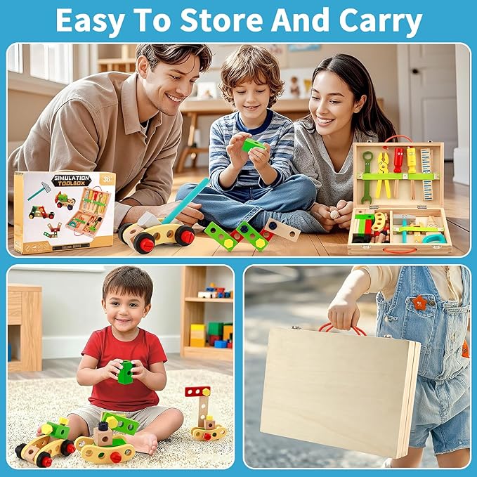 Kids Tool Set Wooden Toddler Play Tools Set with Tool Box, Montessori Educational Learning Toys STEM Construction Building Toy for 3 4 5 6 7 8 Years Old Kids Birthday Gifts for Boys and Girls