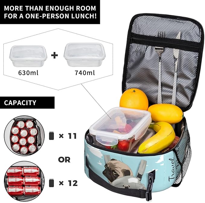 Cute Pet Pug Reusable Lunch Box Food Bag Insulated Lunch Bag for Teenage Boys Girls School Beach
