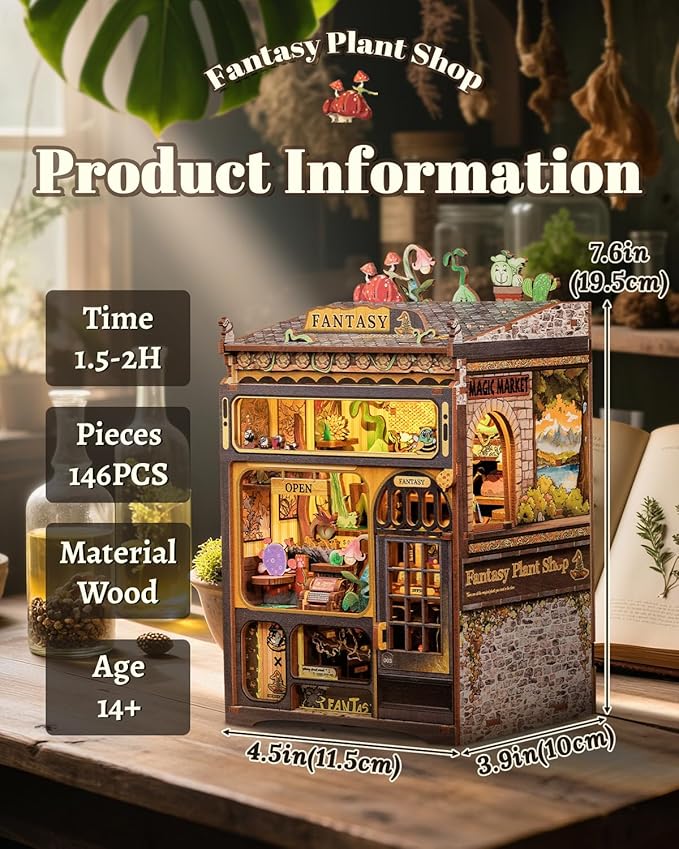 CUTEBEE Book Nook Kit - DIY Miniature Dollhouse for Adults & Teens, LED-Lit Bookshelf Decor, Fantasy Plant Shop Craft Kit, Ideal Gifts (Fantasy Plant Shop)